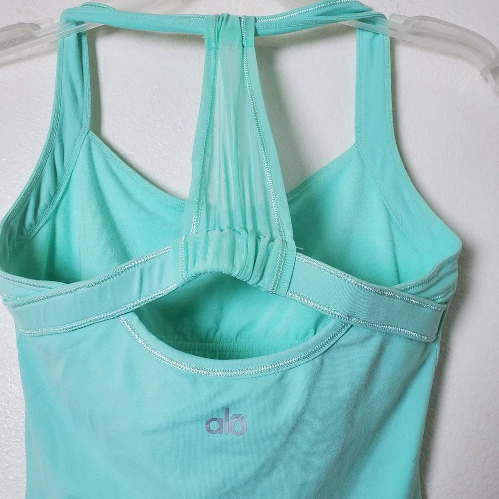 Alo Yoga‎ Mint Green Ruched T-Strap Mesh Back Shelf Bra Workout Tank Top Size XS